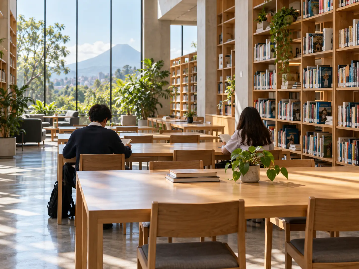 Biblioteca escolar luminosa con estudiantes leyendo