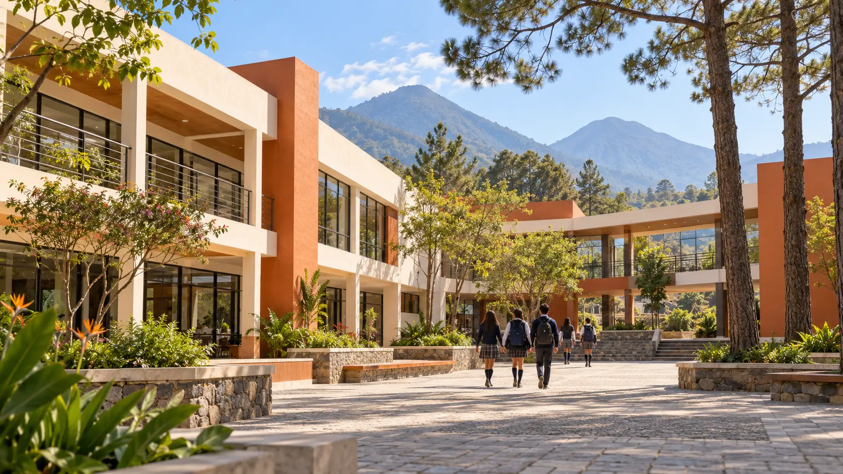 Vista del campus ficticio del Colegio Monteclaro, con edificios modernos y un patio arbolado